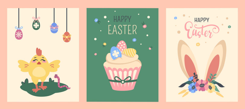 Happy Easter background. Greeting cards set. Festive posters with bunny ears, painted eggs, Easter cake, cute chick. Elegant font, color flowers, Easter wreath. Clipart. Vector cartoon illustration