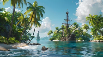 Rolgordijnen Tropical island with palm trees and sailing ship © Andsx