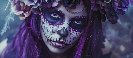 A woman with violet sugar skull makeup and electric blue hair is adorned with a flower crown. Her...