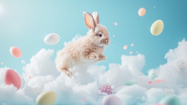 Funny little fluffy Easter Bunny jumping out from white cloud against blue sky. Colorful eggs scatter to sides, copy space, pastel colors. Concept of spring, happy, new life. Paschal greeting card