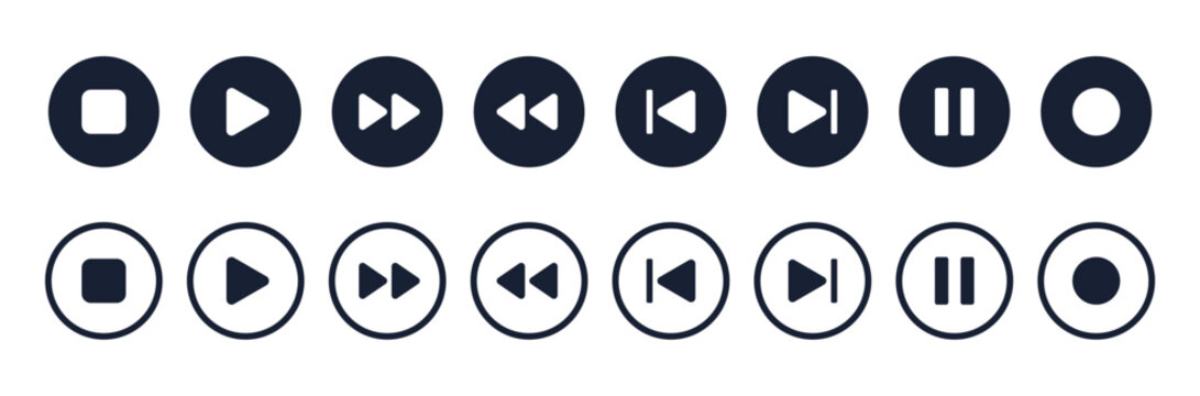 Media player button icons set. Pause, rewind, fast forward icon. Ui elements. Music player buttons. Video controls. Play video icon collection. Ui template. Vector illustration