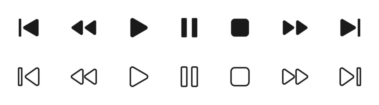 Media player button icons set. Pause, rewind, fast forward icon. Ui elements. Music player buttons. Video controls. Play video icon collection. Ui template. Vector illustration