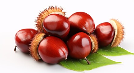 a group of red acorns on a green leaf