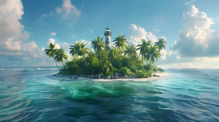 Rolgordijnen Tropical island with palm trees and lighthouse © Andsx