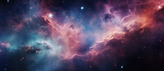 The sky resembled a galaxy with purple cumulus clouds, creating a celestial artwork. It looked like a cluster of astronomical objects in a vast, violet atmosphere - obrazy, fototapety, plakaty