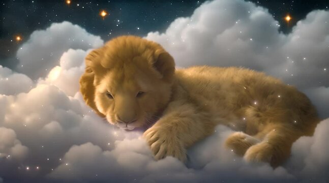 animated cute baby lion sleeping at night in the clouds with stars