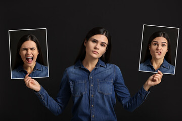 Woman holding her photo portraits showing different emotions on black background. Balanced personality