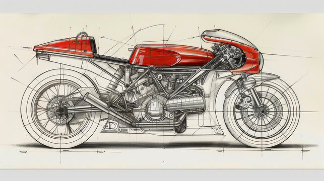 Technical drawing blueprints background, of a concept red motorcycle futuristic detailed superbike, street bike.
