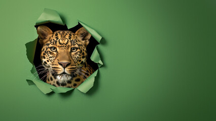 A stunning visual of a leopard’s face breaking through a vibrant green torn paper background, symbolizing breakthrough