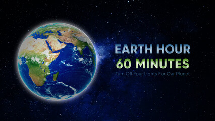 Earth hour banner campaign. Planet Earth in outer space. Turn off your lights. Climate change and to save Earth.