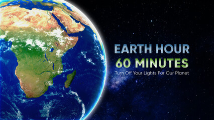 Earth hour banner. Planet Earth in outer space. Turn off your lights. Climate change and to save Earth.