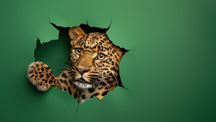 The head of a leopard appears through a tear in the green paper, symbolizing sudden discovery