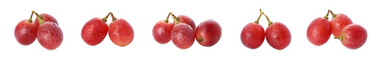 Delicious fresh red grapes isolated on white, set