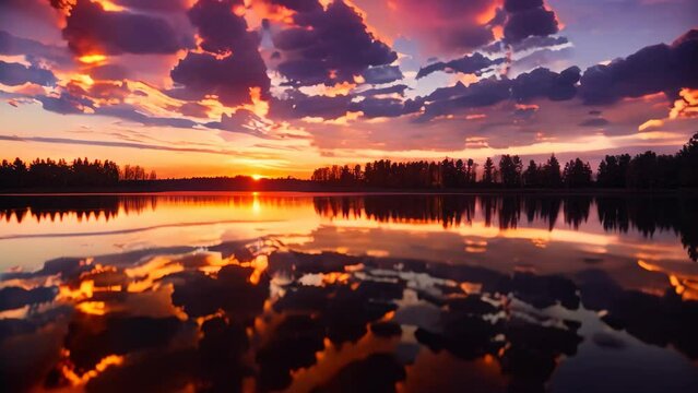 beautiful sunset in a lake, An image of a vibrant sunset over a serene lake, with colorful reflections shimmering on the water, AI Generated