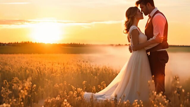Beautiful bride and groom embracing on wheat field at sunset. Wedding couple, Bride and groom embracing in field at sunset, AI Generated