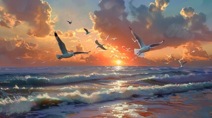 Summer Twilight Beach Landscape with Flying Seagulls AI Generated.