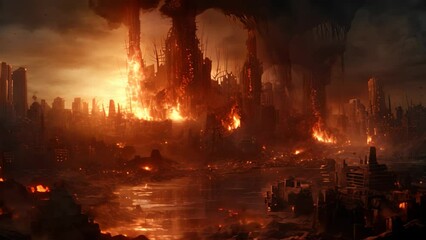 Industrial landscape with burning buildings and cityscape. Disaster concept, World collapse, doomsday scene, digital painting, AI Generated - Powered by Adobe