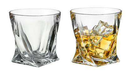 Glass of whiskey with ice cubes and empty one isolated on white. Collage design