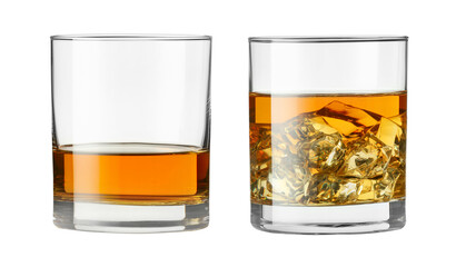 Whiskey in glasses isolated on white. One cool with ice