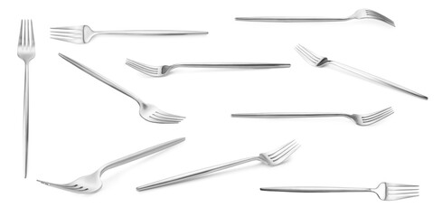 Shiny silver forks isolated on white, set