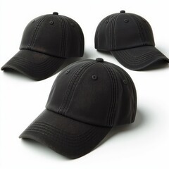 A set of black baseball caps isolated on a white background