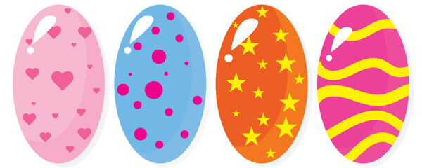 Colorful Easter eggs isolated on white background. Seasonal spring decoration element. Egg hunt game. Vector illustration.