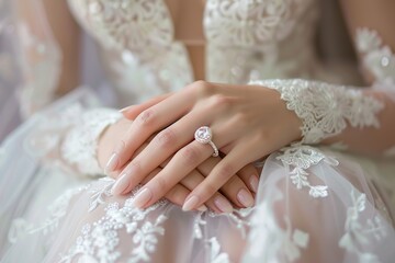 Eternal Love Captured A Close-Up of a Bride’s Graceful Hands, Elegant Manicure, and Dazzling Engagement Ring Against the Intricate Lace of Her Wedding Dress.