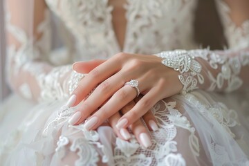 Obraz na płótnie Canvas Eternal Love Captured A Close-Up of a Bride’s Graceful Hands, Elegant Manicure, and Dazzling Engagement Ring Against the Intricate Lace of Her Wedding Dress.