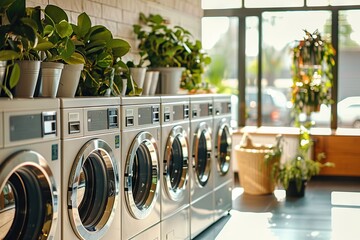 Sunset Glow Illuminates a Neat Row of Modern Washing Machines, Surrounded by Lush Green Plants in a Clean, Bright Urban Laundromat, Depicting Everyday Life and Chores.