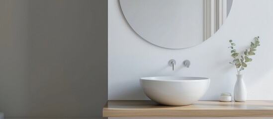 Ceramic bowl displayed on plain shelf in white-wall bathroom with mirror - obrazy, fototapety, plakaty