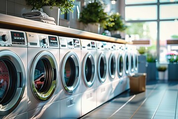 Sunset Glow Illuminates a Neat Row of Modern Washing Machines, Surrounded by Lush Green Plants in a Clean, Bright Urban Laundromat, Depicting Everyday Life and Chores. - obrazy, fototapety, plakaty