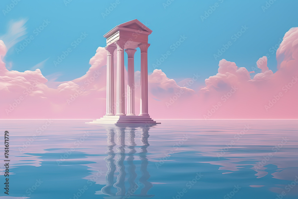 Poster surreal vaporwave landscape with abstract architecture elements on the water. dreamy landscape.