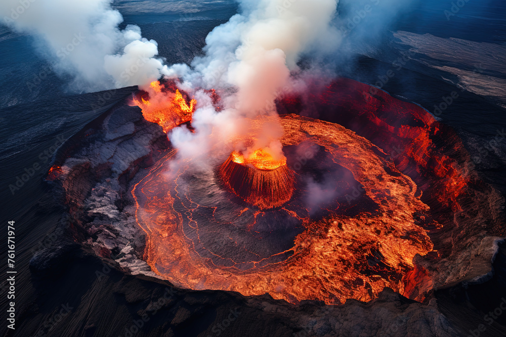 Wall mural volcano eruption from a bird view. volcano crater and magma flow shot from above. genertated ai.