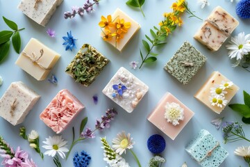 Vibrant handcrafted floral soaps displayed amidst scattered petals on a soft pastel background. - obrazy, fototapety, plakaty
