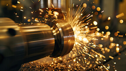 Internal grinding of a cylindrical part with an abrasive wheel on a machine, sparks fly in different directions. Metal machining - obrazy, fototapety, plakaty