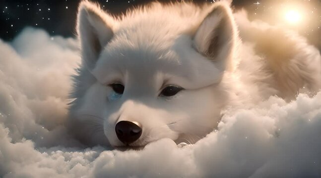 animated cute baby wolf sleeping at night on a cloud with stars.