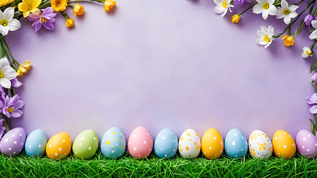 Colorful easter eggs with flowers on green grass over purple background - Powered by Adobe