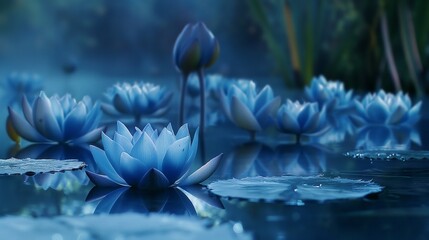Exquisite blue lotus flowers floating gracefully on the surface of a still pond, their ethereal...
