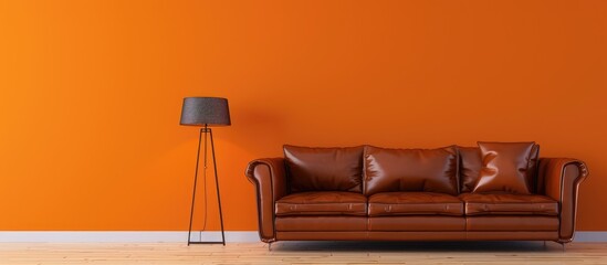 Modern interior design with brown leather couch and lamp on orange wall