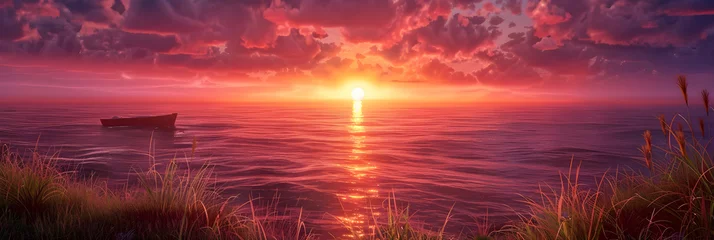 Foto op Canvas Fiery Sunset over Tranquil Sea: A Scene of Breathtaking Splendor © Owen