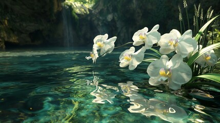 Exquisite orchids adorning the edge of a crystal-clear pond, their beauty mirrored in the water.