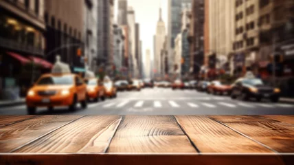 Papier Peint photo Lavable TAXI de new york The empty wooden table top with blur background of NYC street. Exuberant image. generative AI