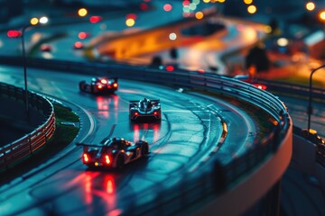 Several cars speed around a track, showcasing their agility and power, A thrilling night race with sport cars lighting up the track, AI Generated - obrazy, fototapety, plakaty