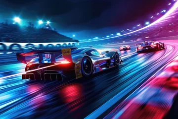Fotobehang Multiple high-performance racing cars competing fiercely on a circuit, showcasing speed and skill, A thrilling night race with sport cars lighting up the track, AI Generated © Iftikhar alam