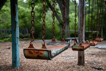 A run-down swing set covered in rust stands in a park with tall trees in the background, A timeless, vintage playground with rusted swings and faded colors, AI Generated