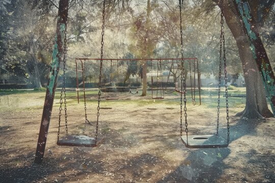 A photo of two swings in a park, positioned next to a tree, inviting visitors to enjoy the outdoor seating, A timeless, vintage playground with rusted swings and faded colors, AI Generated