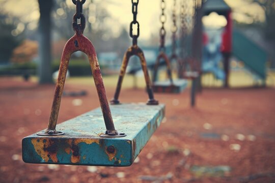 A rusty swing set stands in a park while a playground can be seen in the background, A timeless, vintage playground with rusted swings and faded colors, AI Generated