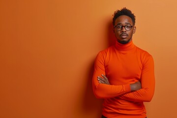 Portrait of a confused puzzled minded African American man in orange top isolated on blue background, with copy space. - obrazy, fototapety, plakaty