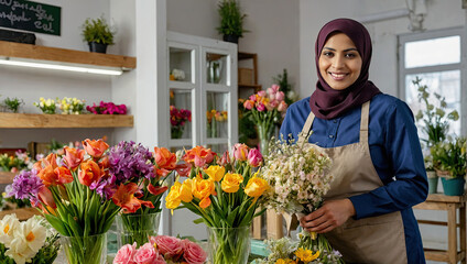 Muslim woman florist collects bouquet of spring flowers- fresh cut flowers in vases in flower shop and racks for sale, delivery for the holiday. Spring, March 8, women's Day, birthday
