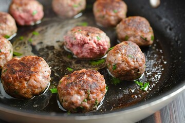 Skillet with freshly made homemade meatballs in sauce.